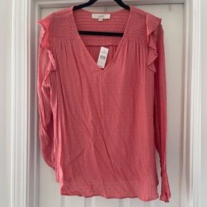 NWT LOFT Coral Long Sleeve Swiss Dot V-neck